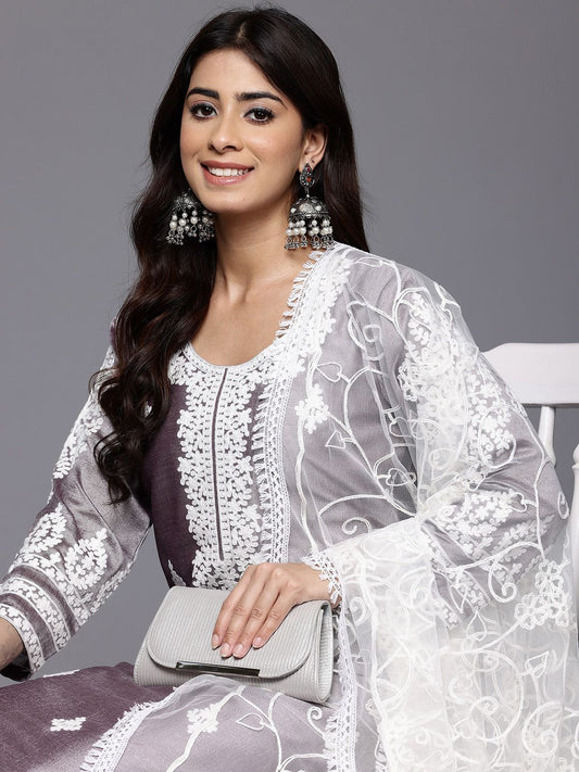 Dhiyona VA Women'sFloral Embroidered Thread Work Kurta With Palazzos & Dupatta