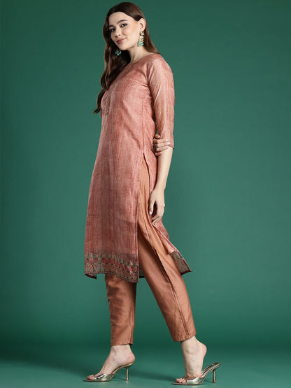Dhiyona IE Ethnic Motifs Printed Thread Work Chanderi Silk Kurta With Trousers & Dupatta