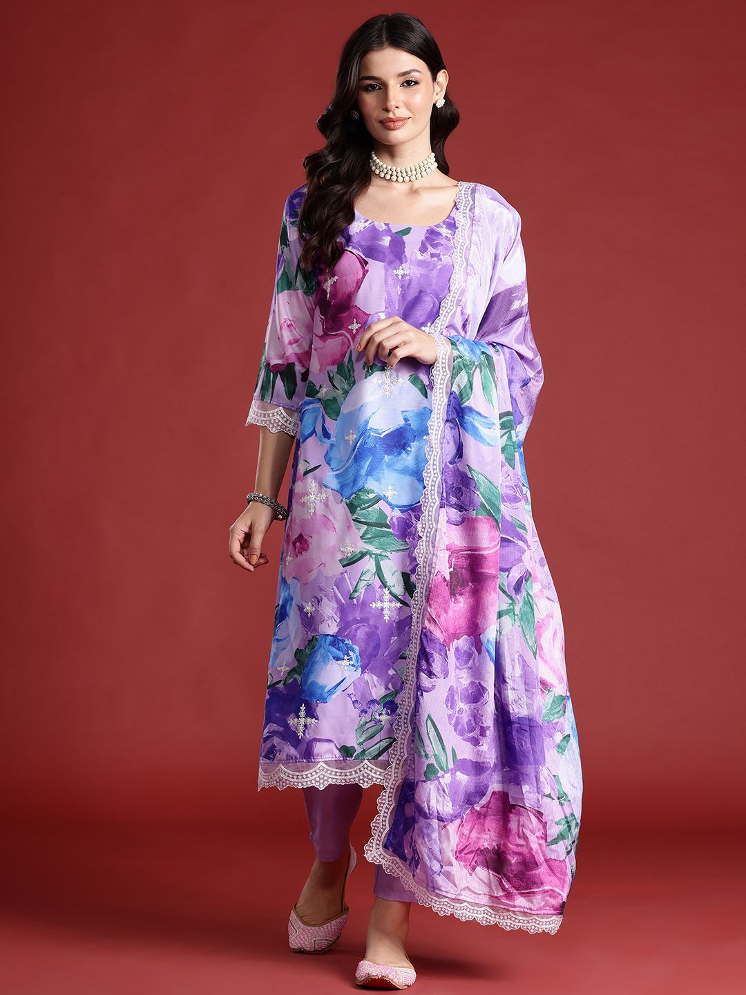 Floral Printed Thread Work Kurta with Trousers & Dupatta