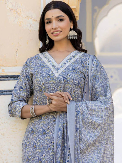 Dhiyona VA Women'sPaisley Printed Regular Thread Work Kurta with Trousers & With Dupatta