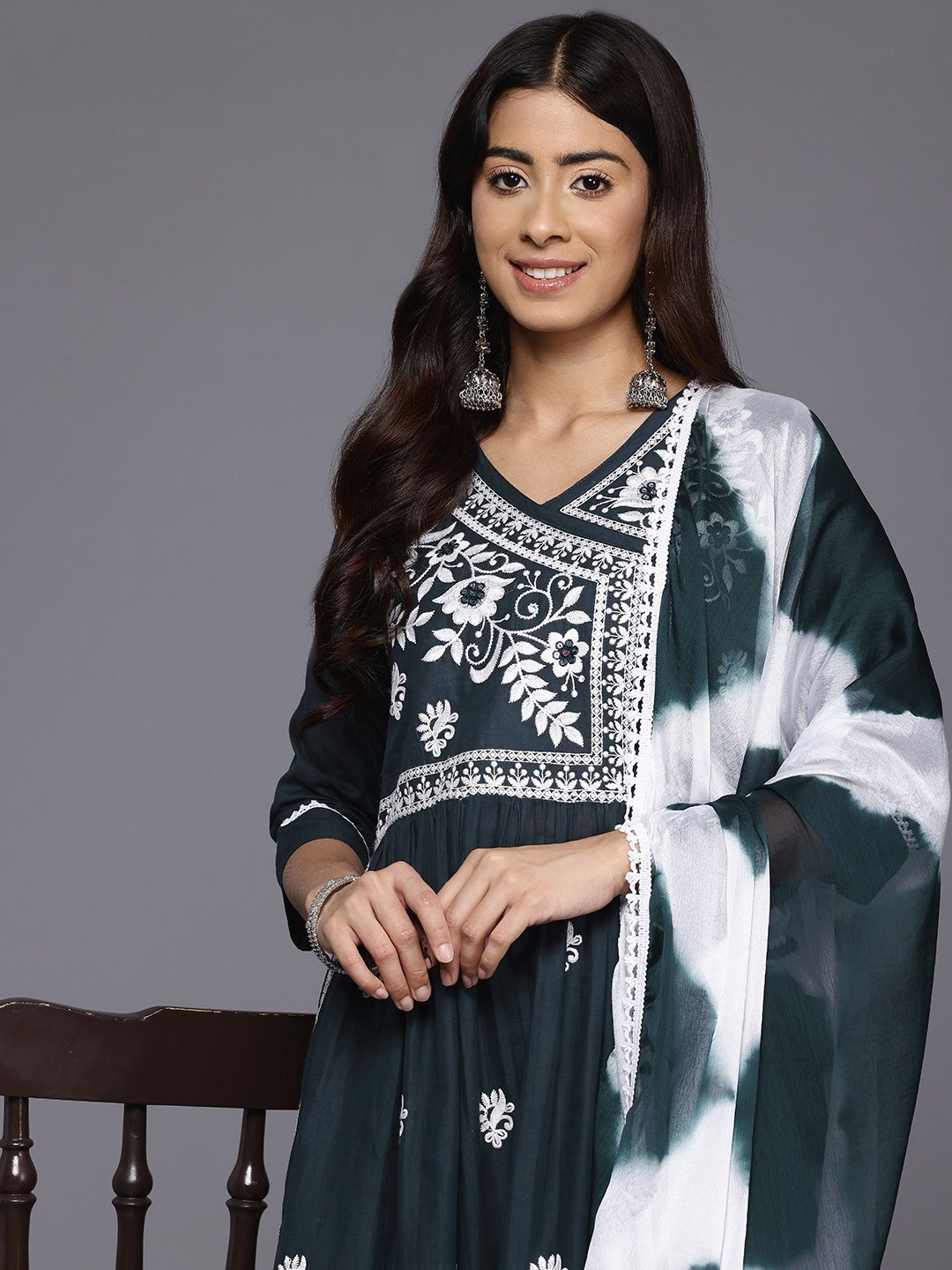 Dhiyona VA Women's Floral Embroidered Angrakha Kurta with Trousers & With Dupatta