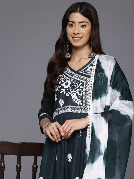 Dhiyona VA Women's Floral Embroidered Angrakha Kurta with Trousers & With Dupatta