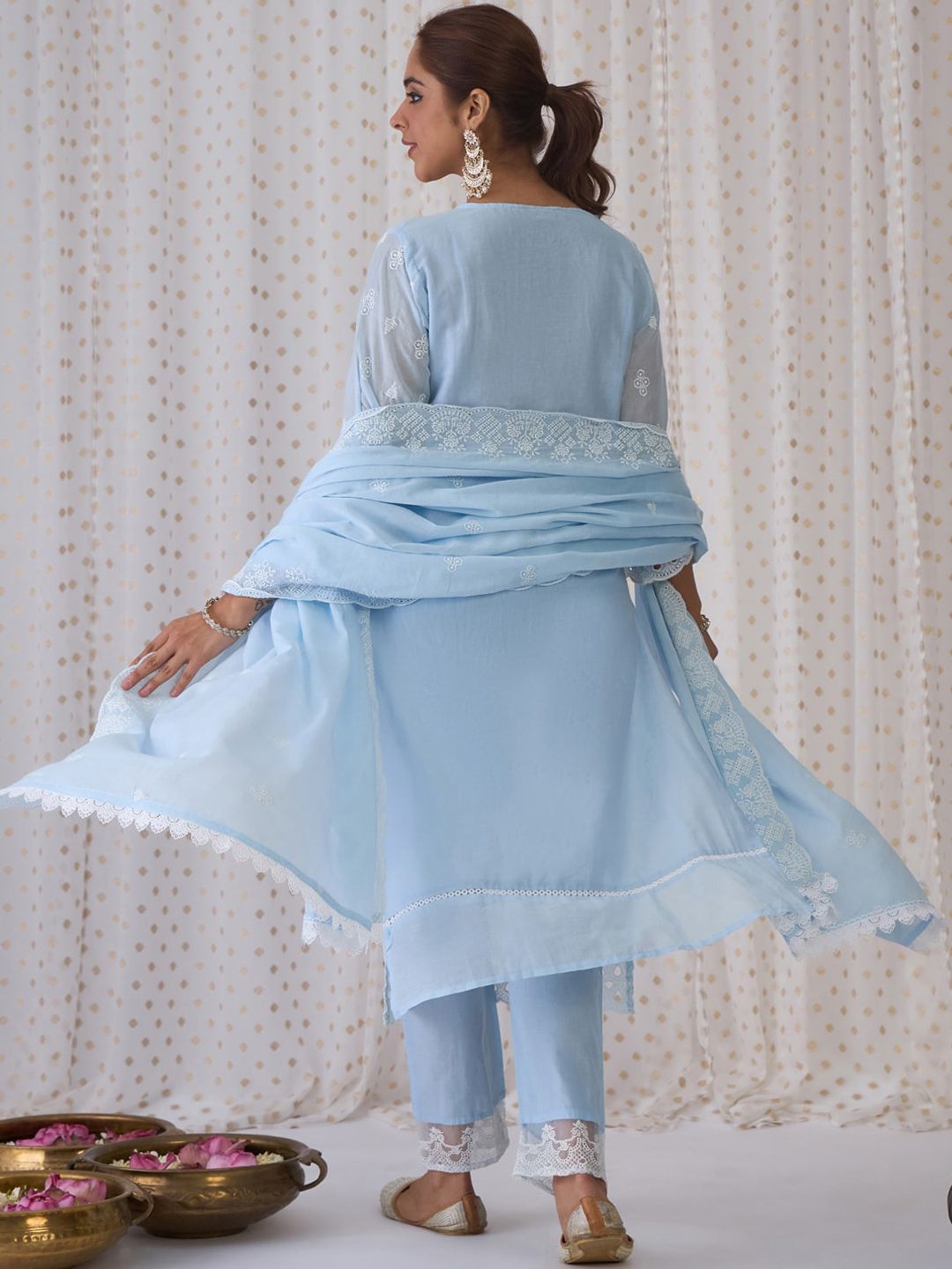 Dhiyona IE Ethnic Embroidered V-Neck Thread Work Pure Cotton Kurta with Trousers & Dupatta