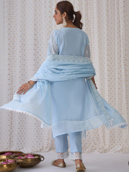 Dhiyona IE Ethnic Embroidered V-Neck Thread Work Pure Cotton Kurta with Trousers & Dupatta