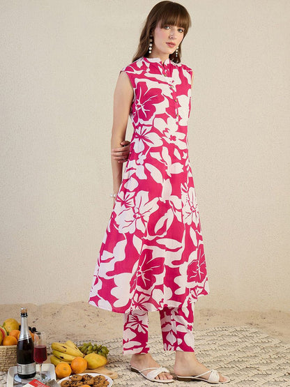 Dhiyona IE Printed Pure Cotton Mandarin Collar Top With Trousers Co-Ords