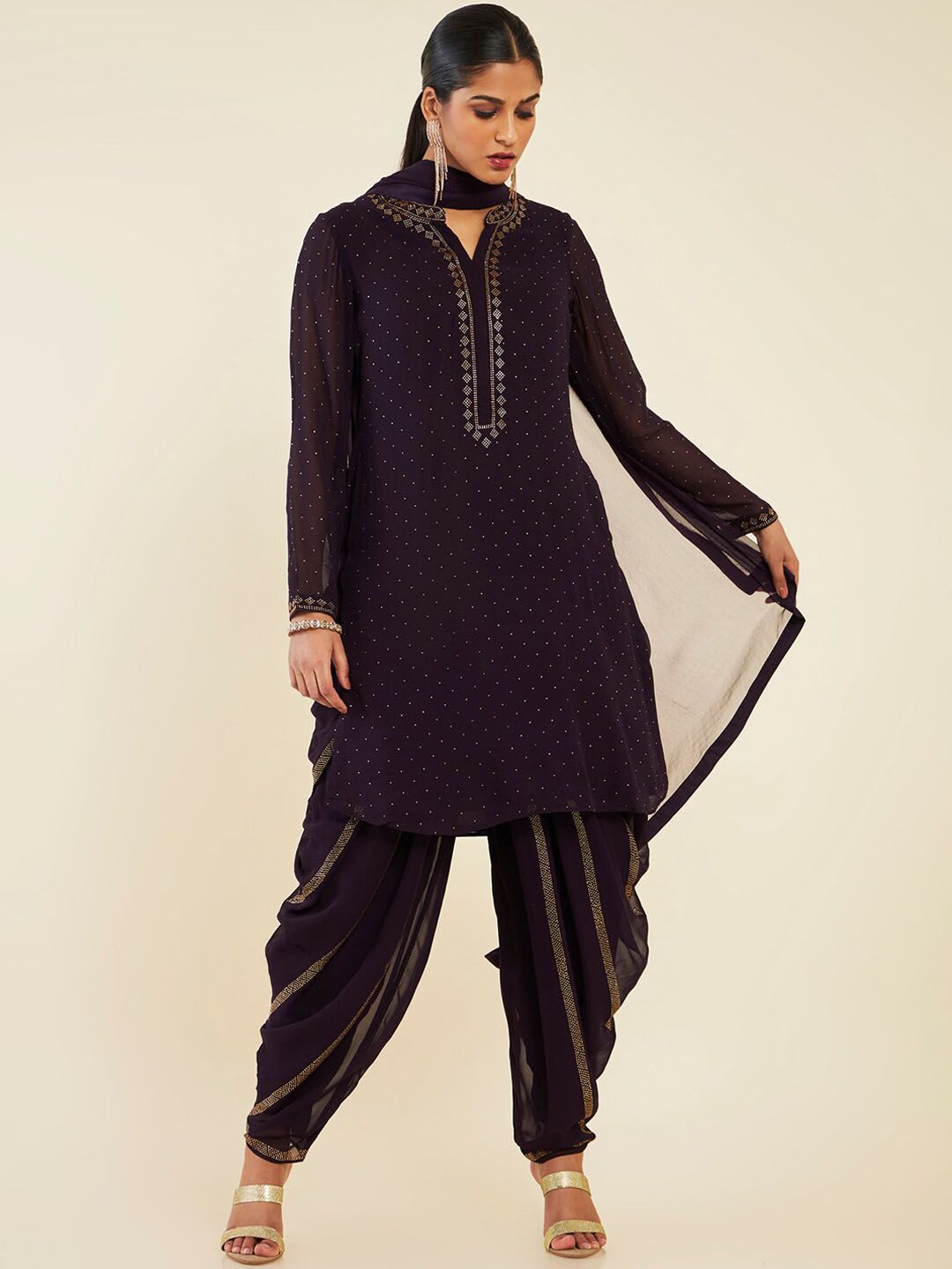 Dhiyona SO Women's Self Design Beads and Stones Kurta With Dhoti Pants & With Dupatta