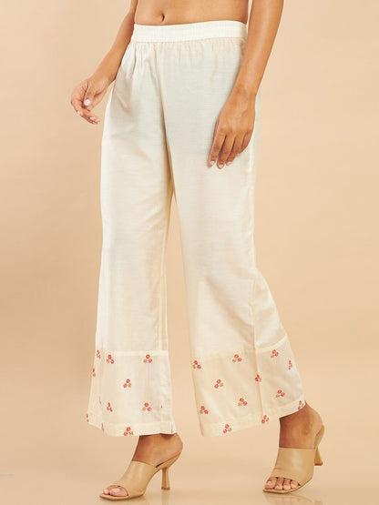 Dhiyona SO Women's Women Off-White Embroidered Panelled Pure Cotton Kurta with Trousers