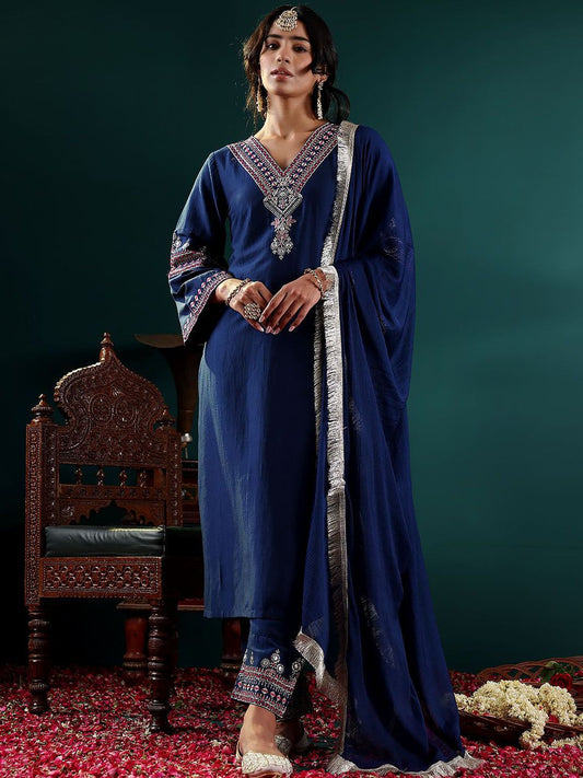 Dhiyona VA Women's Ethnic Motifs Embroidered Kurta with Embroidered Trousers & With Dupatta