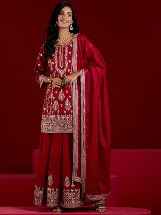 Dhiyona LL Floral Embroidered Panelled Sequinned Pure Silk Kurti with Palazzos & Dupatta