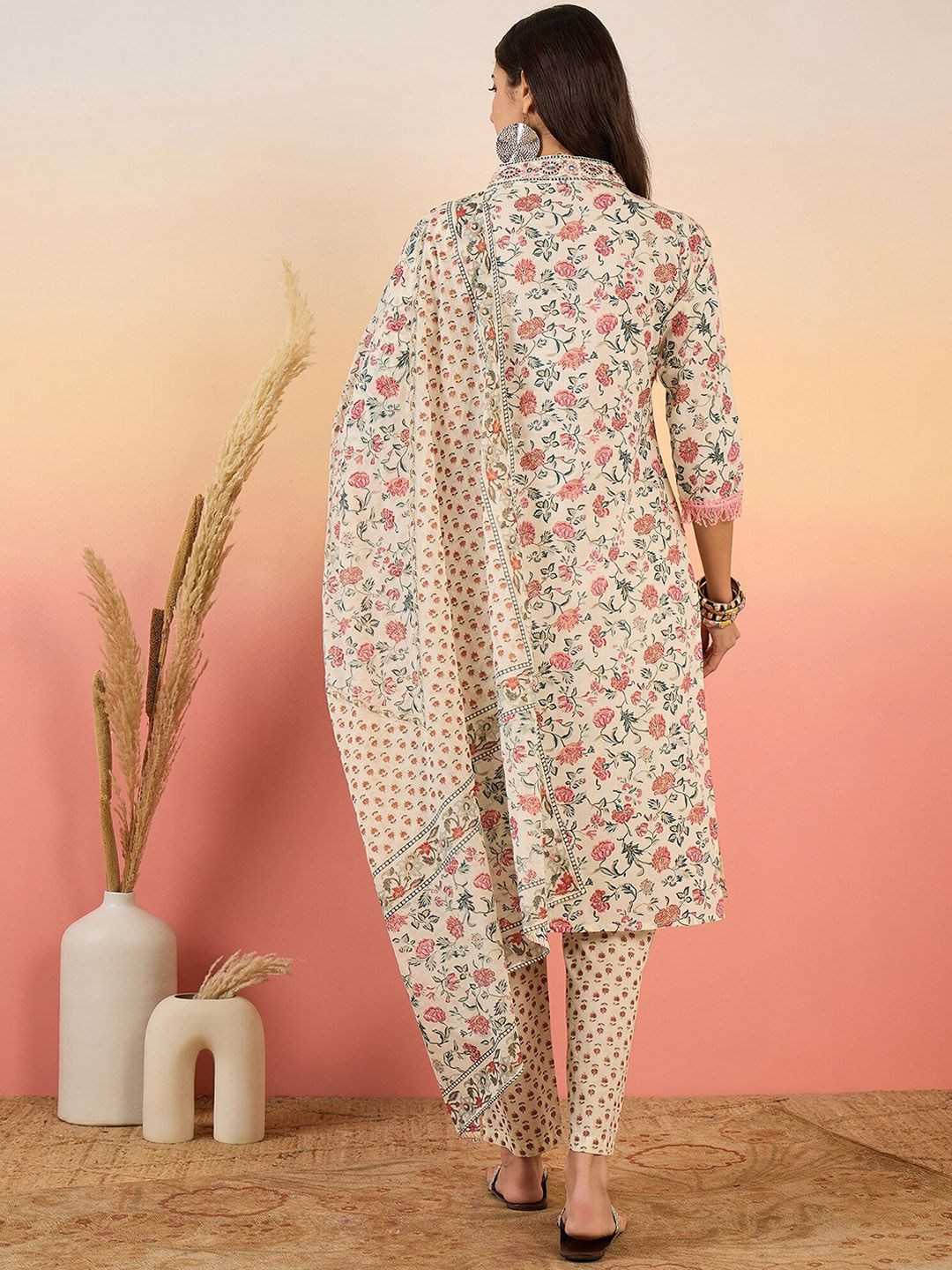 Dhiyona SN Women's Floral Printed Pure Cotton V Neck Kurta With Trousers & Dupatta