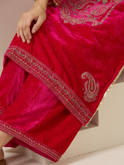 Dhiyona IS Women's Women Ethnic Motifs Embroidered Regular Thread Work Velvet Kurta with Trousers