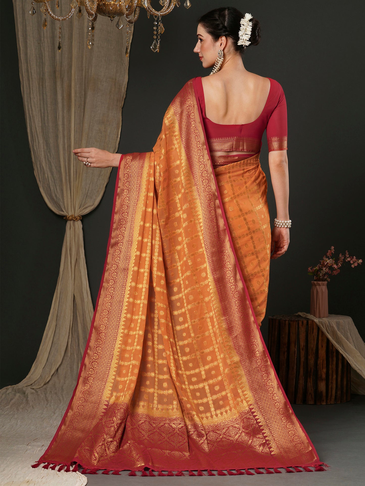 Women's Georgette Orange Woven Design Designer Saree With Blouse Piece