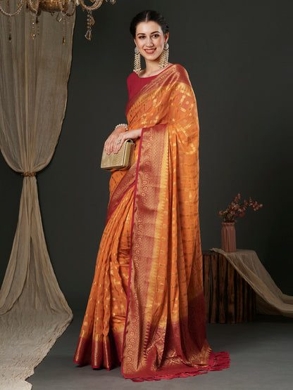 Women's Georgette Orange Woven Design Designer Saree With Blouse Piece