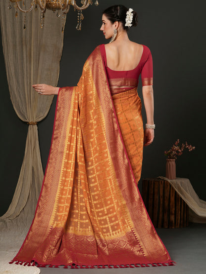 Women's Georgette Orange Woven Design Designer Saree With Blouse Piece