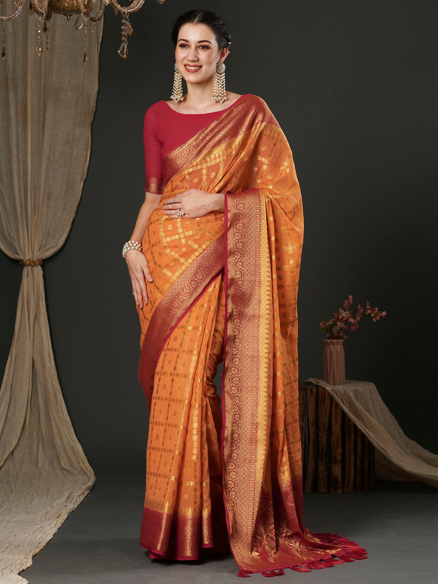 Women's Georgette Orange Woven Design Designer Saree With Blouse Piece