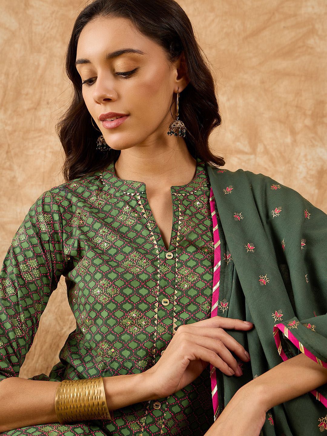 Floral Printed A-Line Sequinned Kurta with Trousers & Dupatta