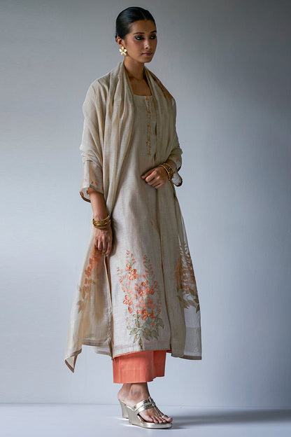 Women's Beige Woven Viscose Chanderi Kurta Suit Set With Delicate Hand Work Detailing and Embroidery Placket