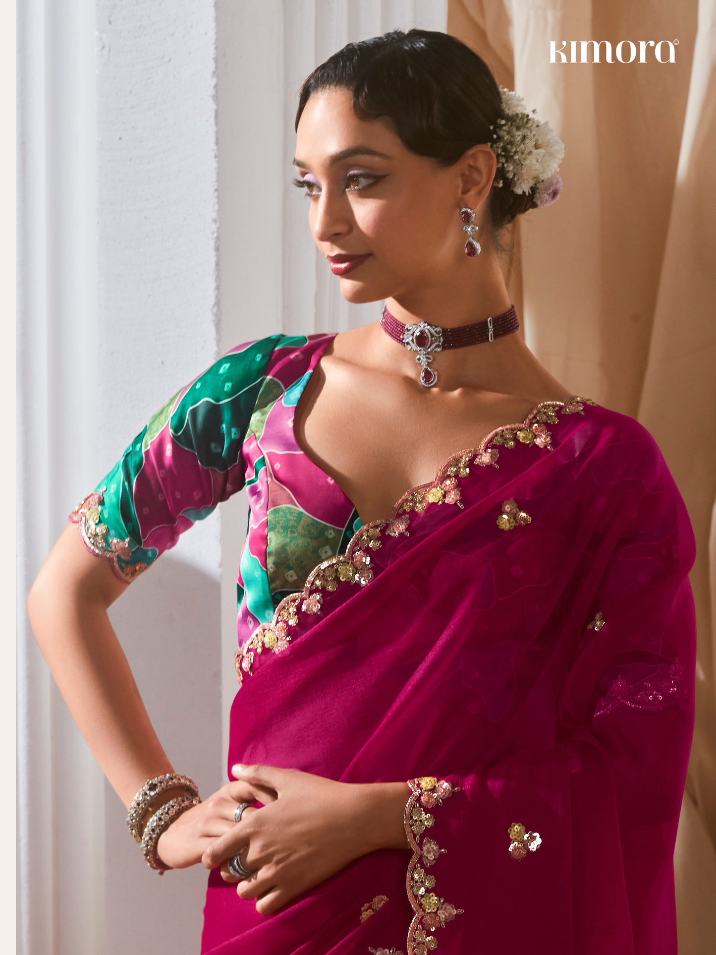 Dhiyona KM Women Wine Designer Organza Saree: Effortless Elegance For Every Occasion