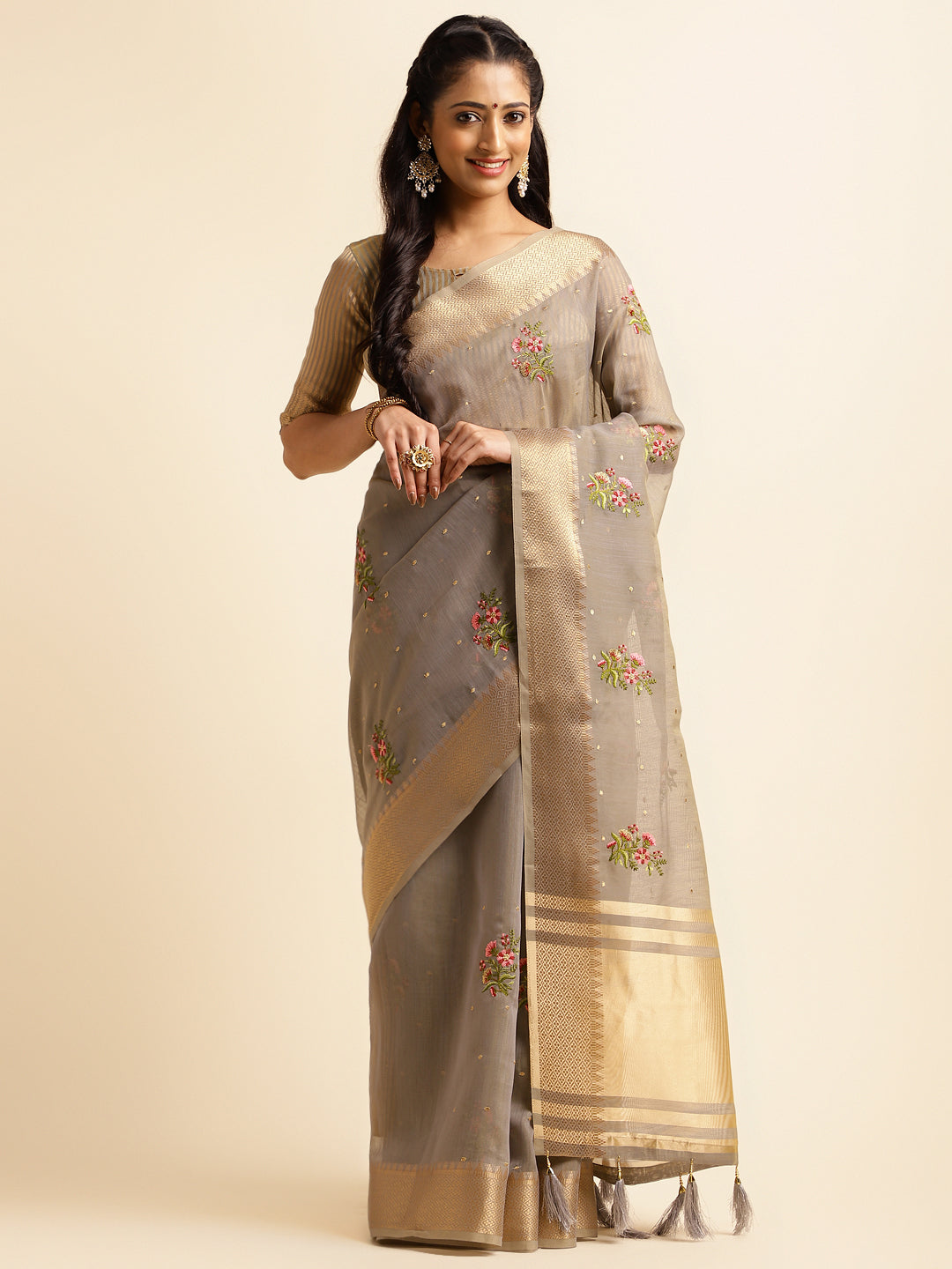 Dhiyona GR Women's Kashmira Grey Cotton Silk Saree