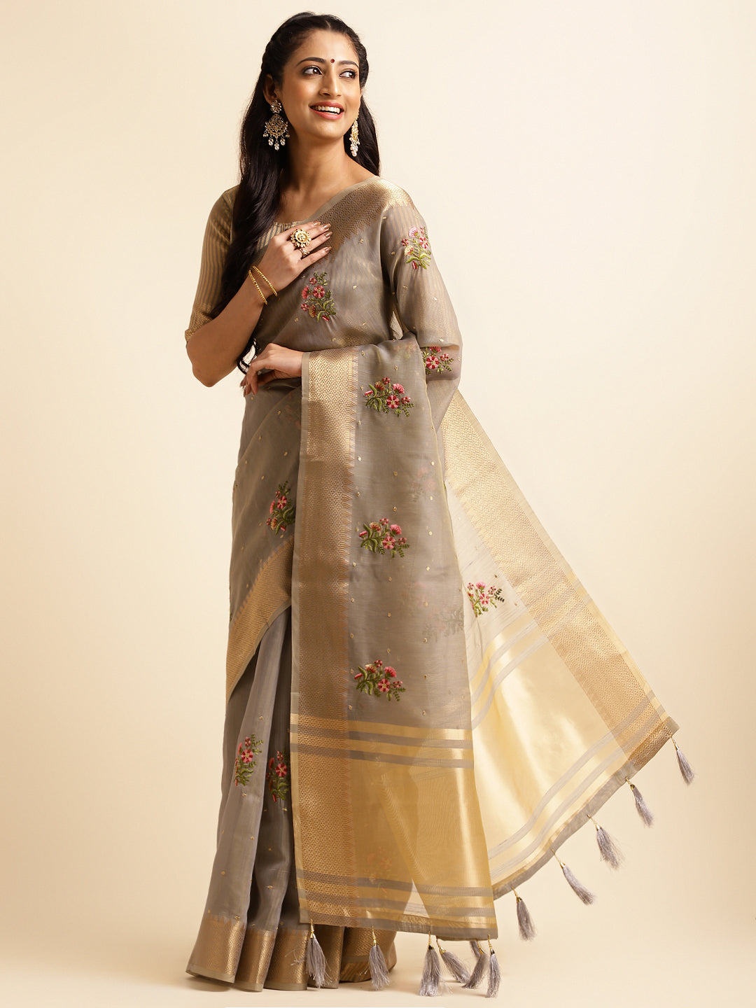 Dhiyona GR Women's Kashmira Grey Cotton Silk Saree