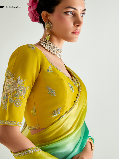 Dhiyona KM Women Yellow Shade Organza Saree