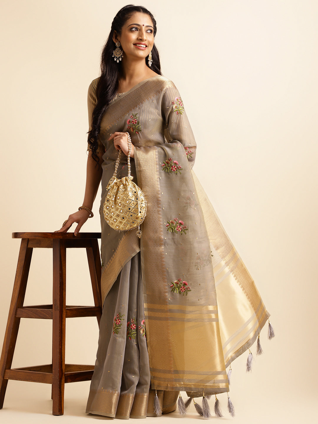 Dhiyona GR Women's Kashmira Grey Cotton Silk Saree