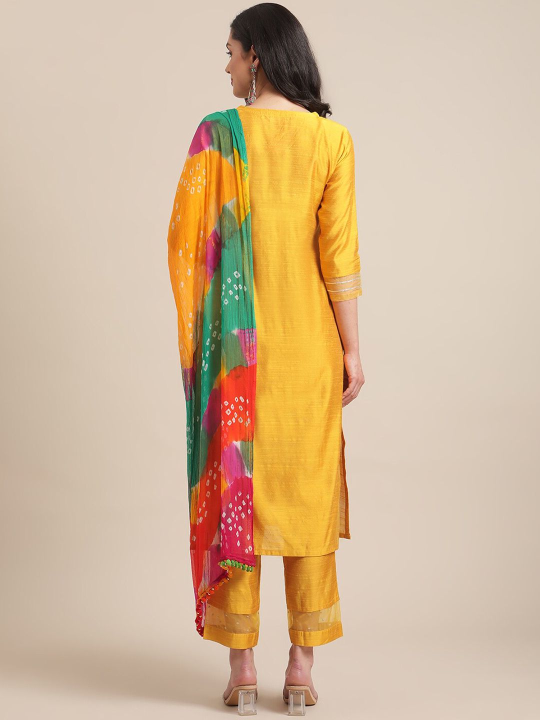 Dhiyona VA Women's Mustard Yellow Floral Embroidered Empire Thread Work Kurta with Trousers & With Dupatta