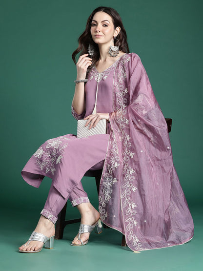 Floral Embroidered Thread Work Kurta with Trousers & With Dupatta
