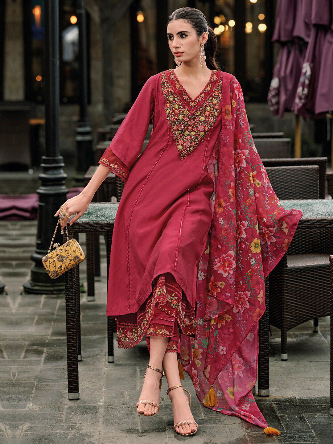Dhiyona IE Floral Embroidered Panelled Thread Work A-Line Kurta With Trousers & Dupatta