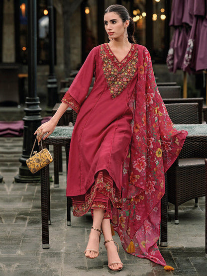 Dhiyona IE Floral Embroidered Panelled Thread Work A-Line Kurta With Trousers & Dupatta