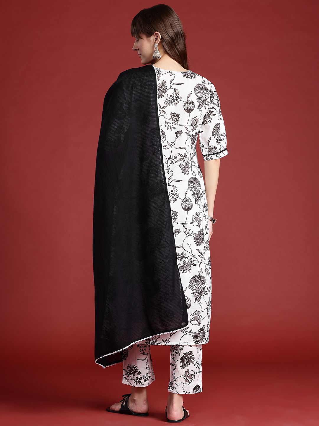 Floral Printed Mirror Work Pure Cotton Kurta With Trousers & Dupatta