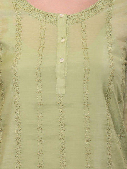 Dhiyona PD Women Chikankari Embroidered Straight Kurta With Trouser & Dupatta Set