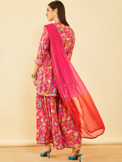 Dhiyona SO Women's Floral Printed Sequinned A-Line Kurta with Sharara With Dupatta
