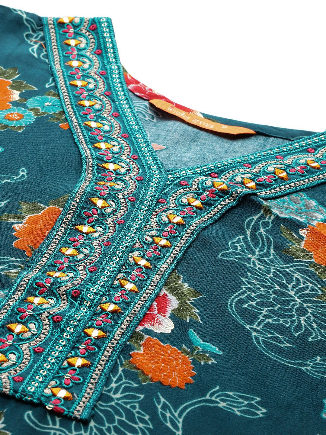 Dhiyona IE Floral Printed Mirror Work Kurta with Trousers & With Dupatta