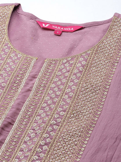Dhiyona VA Women's Mauve Ethnic Motifs Embroidered Kurta with Trousers & Dupatta