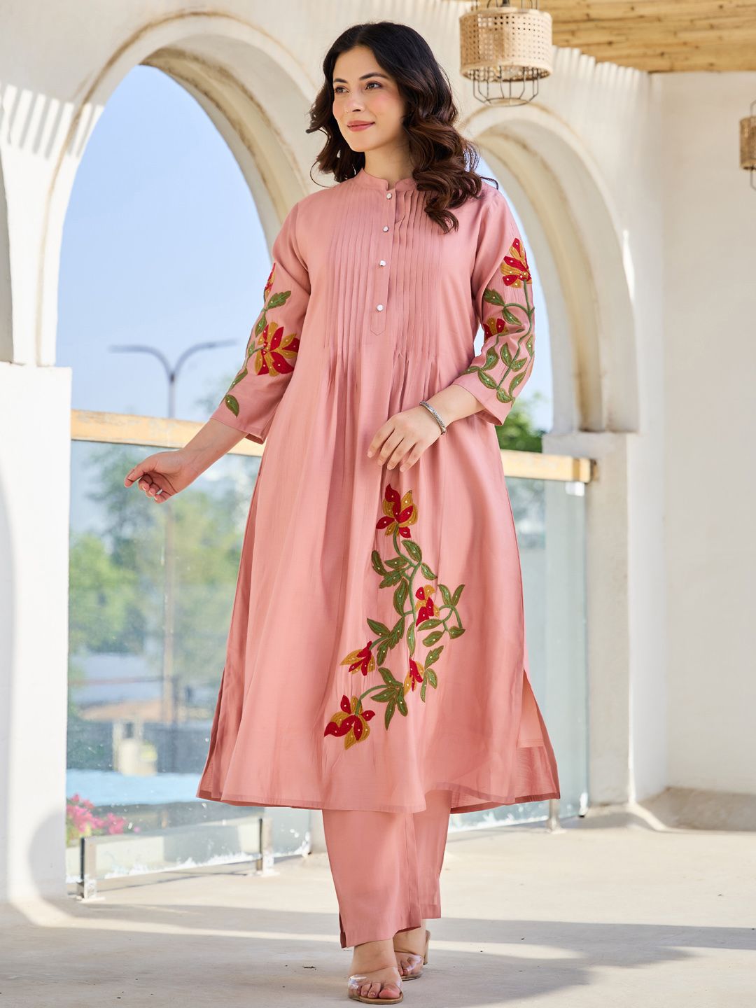 Women Floral Embroidered Thread Work Pure Cotton A-Line Kurta with Trousers