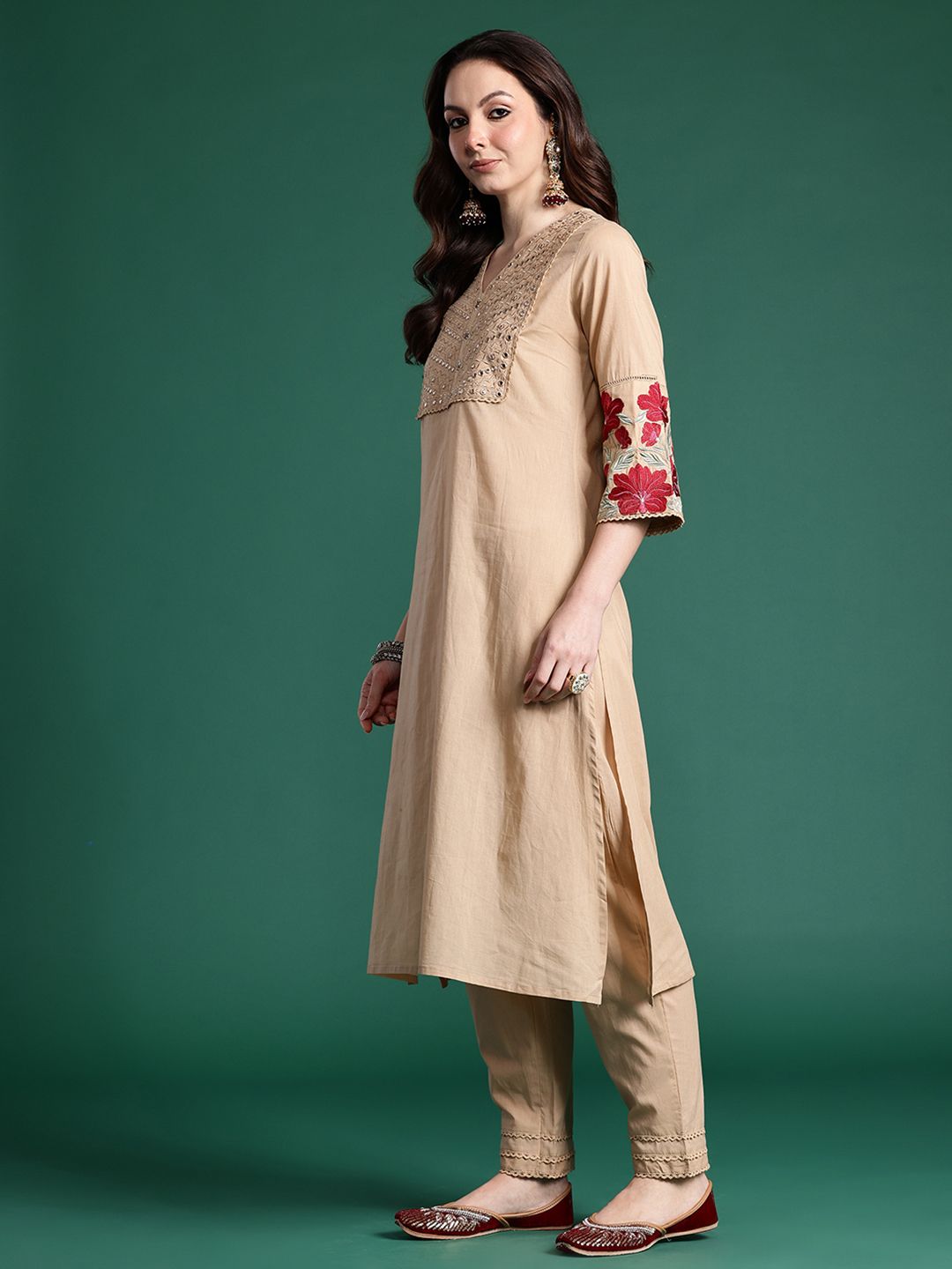 Floral Embroidered Kurta with Trousers & Dupatta