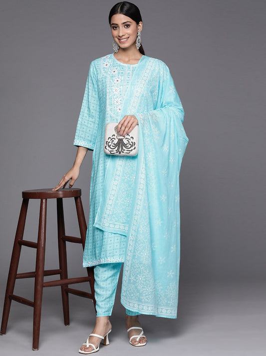 Dhiyona IE Women Turquoise Blue Floral Embroidered Thread Work Kurta with Trousers & With Dupatta