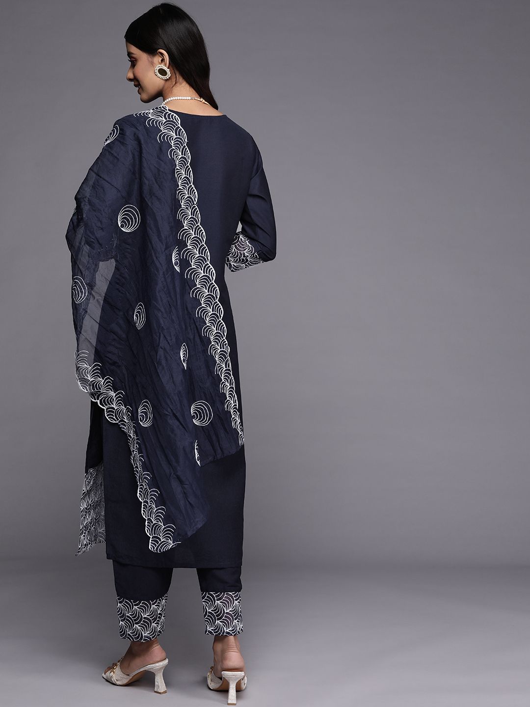 Women Navy Blue Embroidered Kurta with Trousers & With Dupatta