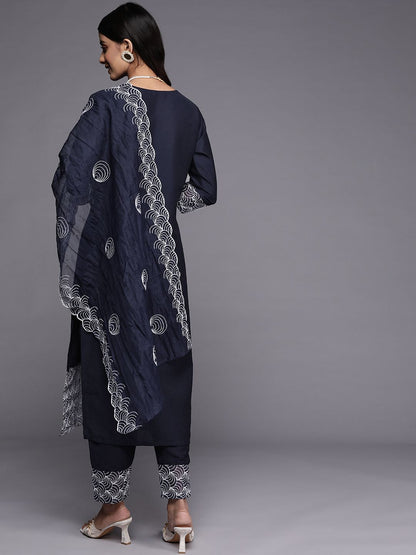 Women Navy Blue Embroidered Kurta with Trousers & With Dupatta