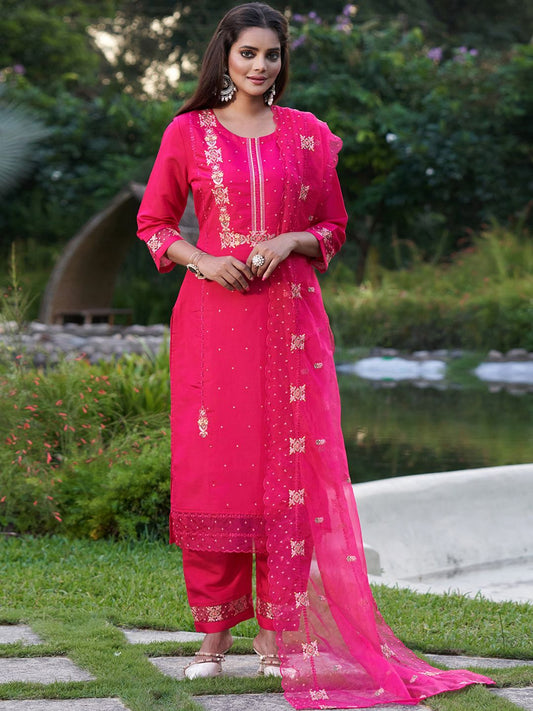 Dhiyona IE Floral Embroidered Regular Thread Work Kurta With Trousers & Dupatta