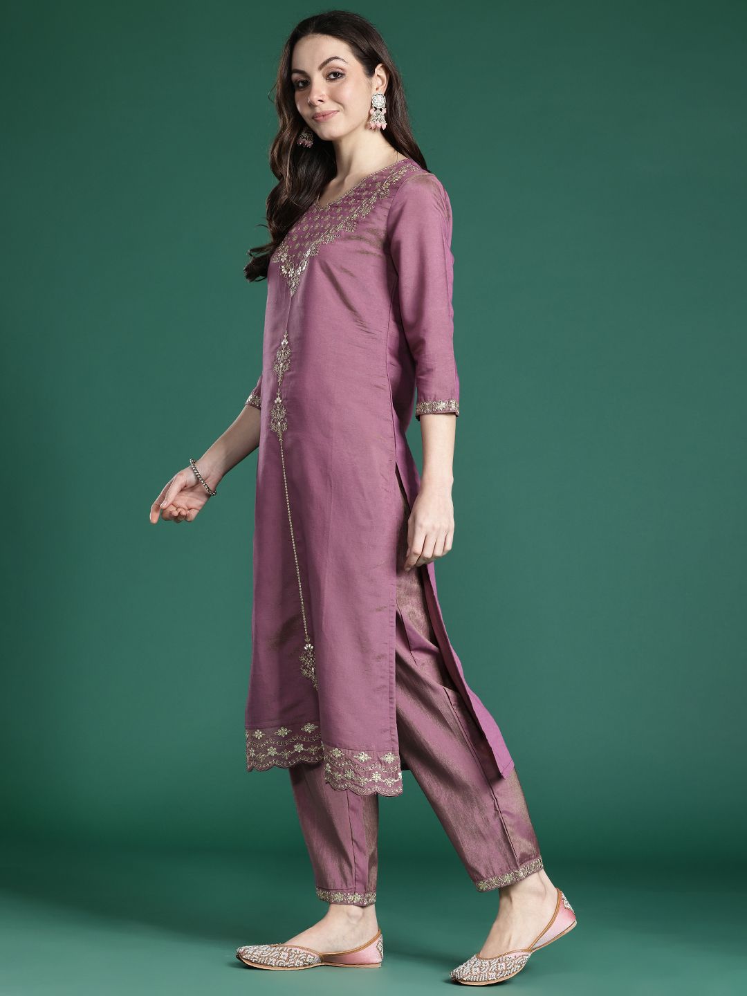 Floral Embroidered Kurta with Trousers & With Dupatta