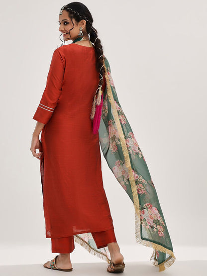 Dhiyona VA Women'sYoke Design Ethnic Motifs Straight Kurta & Trousers With Dupatta