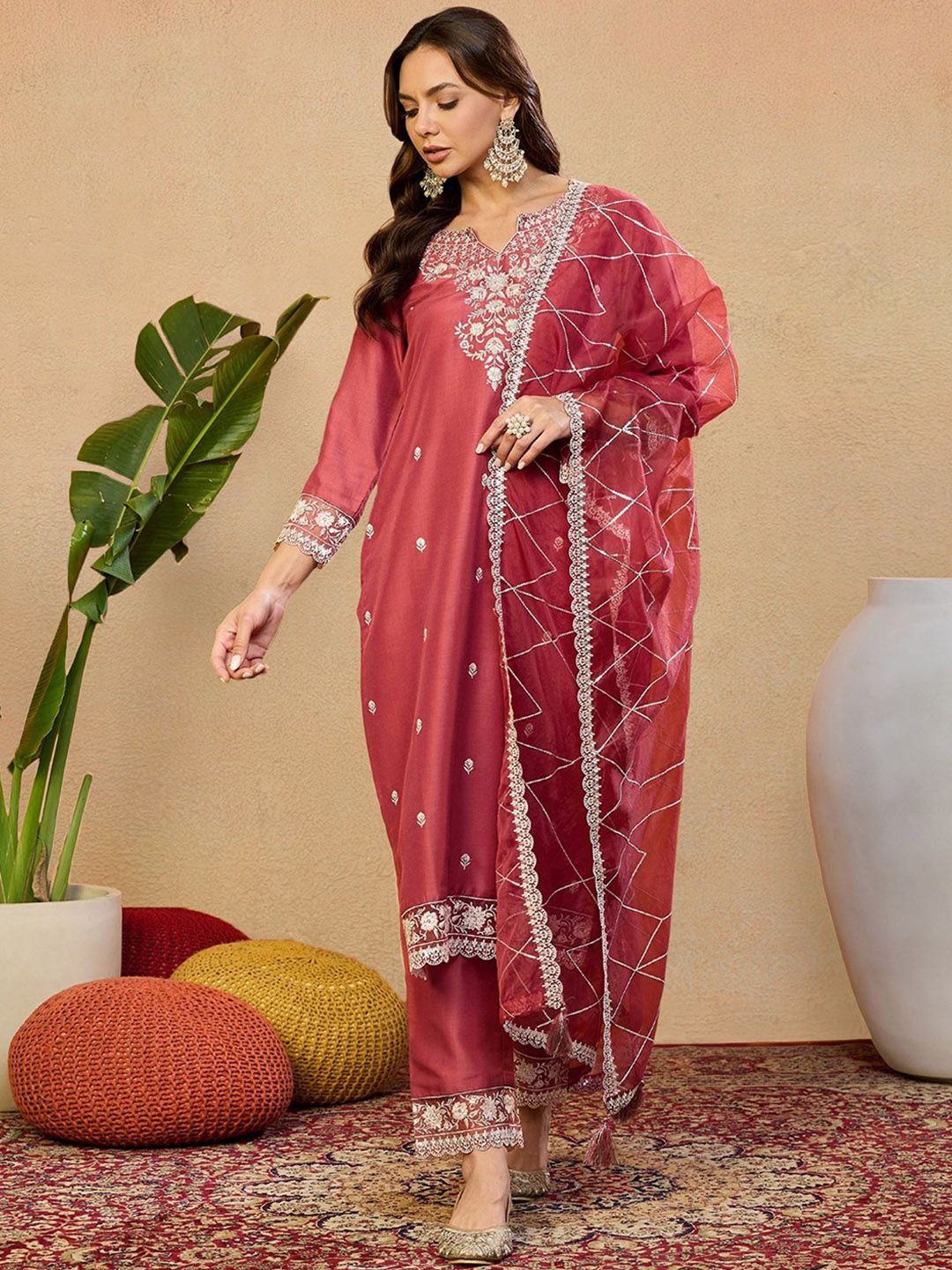 Dhiyona PD Women Women Embroidered Straight Kurta With Trousers & Dupatta