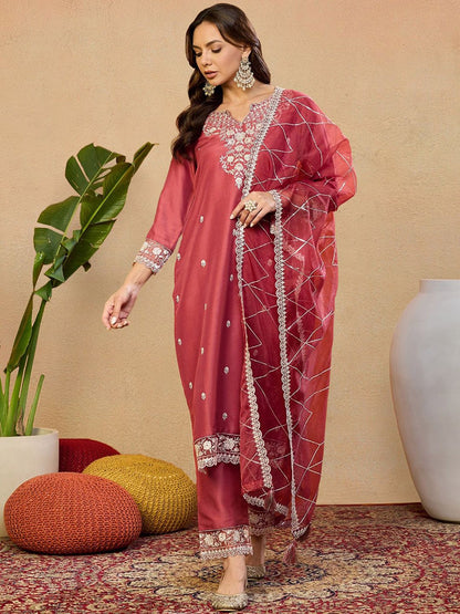 Dhiyona PD Women Women Embroidered Straight Kurta With Trousers & Dupatta