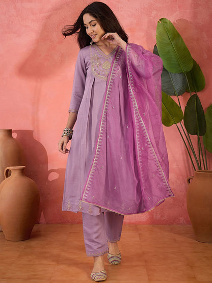 Dhiyona SN Women's Embroidered Zari Sequence Kurta With Trousers & Dupatta