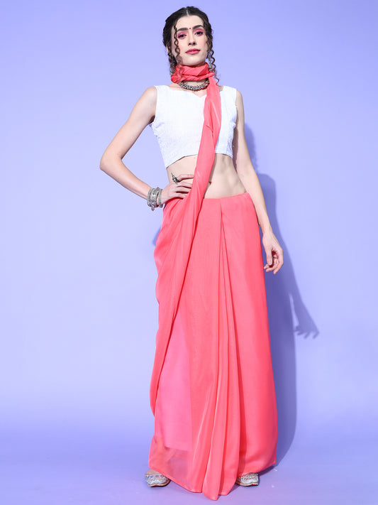 Women's Organza Pink Solid Celebrity Saree With Blouse Piece