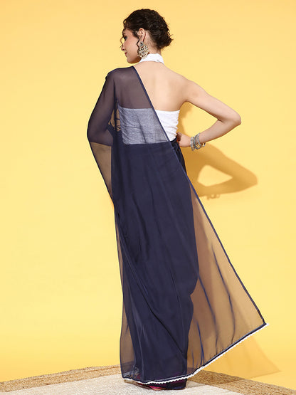 Women's Organza Navy Blue Solid Celebrity Saree With Blouse Piece