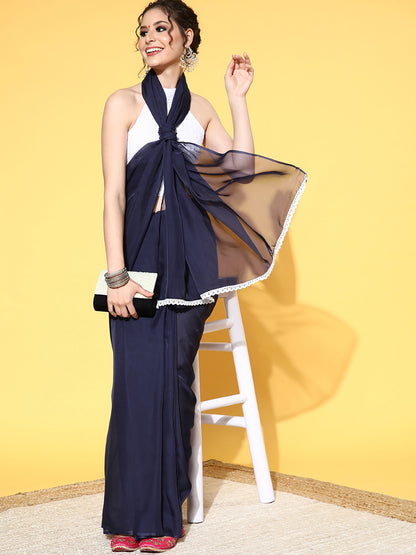 Women's Organza Navy Blue Solid Celebrity Saree With Blouse Piece