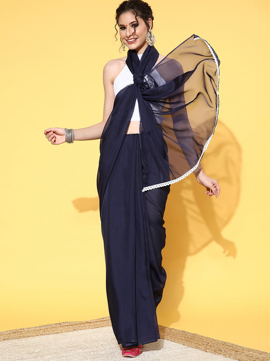 Women's Organza Navy Blue Solid Celebrity Saree With Blouse Piece